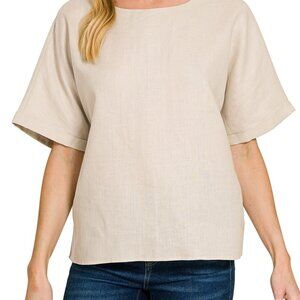 Zenana Linen Round Neck Cuffed Sleeve Top